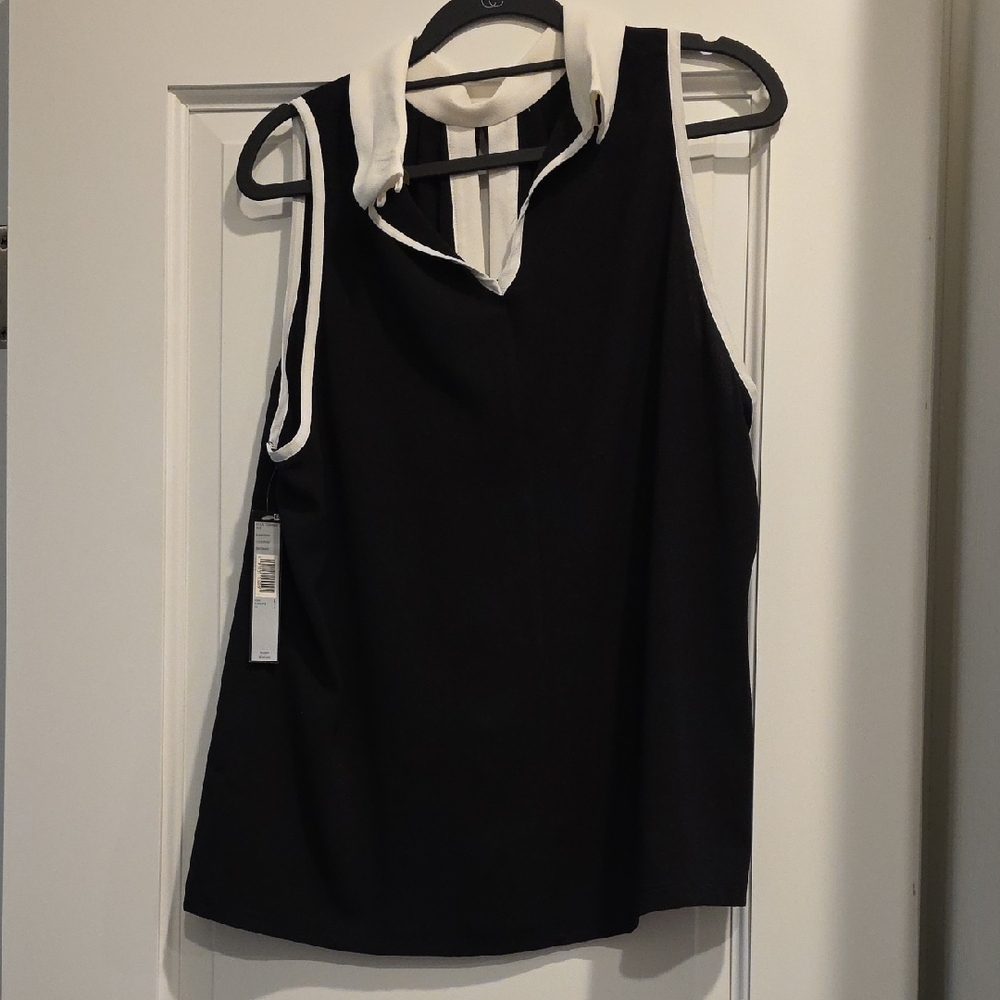 Tahari Black Sleeveless Mock Neck Top with White Contrast Trim - Picture 2 of 4
